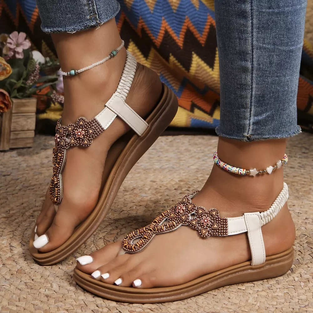 Bohemian Beaded Thong Sandals with Elastic Ankle Strap, image 2