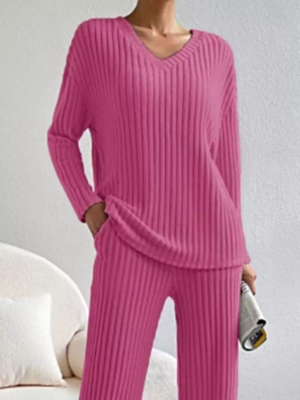 Ribbed Knit V-Neck Top and Pants Set, image 4