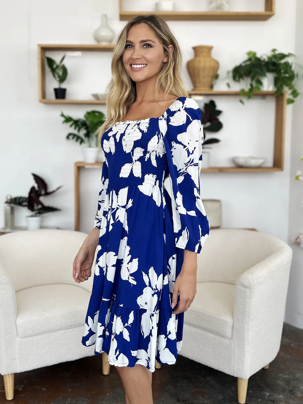 Full Size Floral Ruffle Hem Smocked Dress with Pockets, image 22
