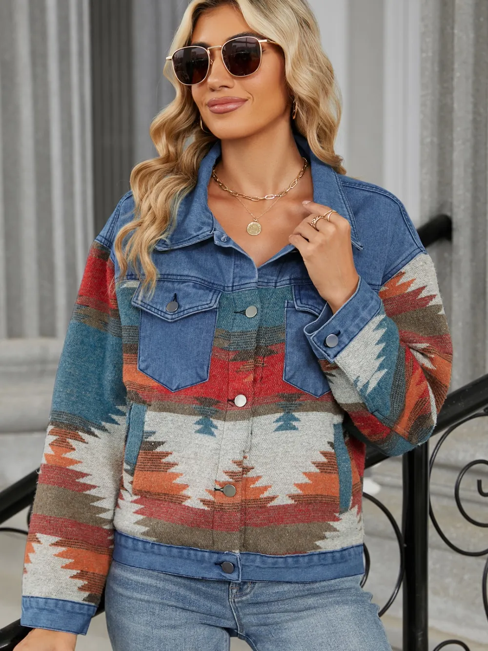 Geometric Button Up Long Sleeve Denim Jacket, image 6