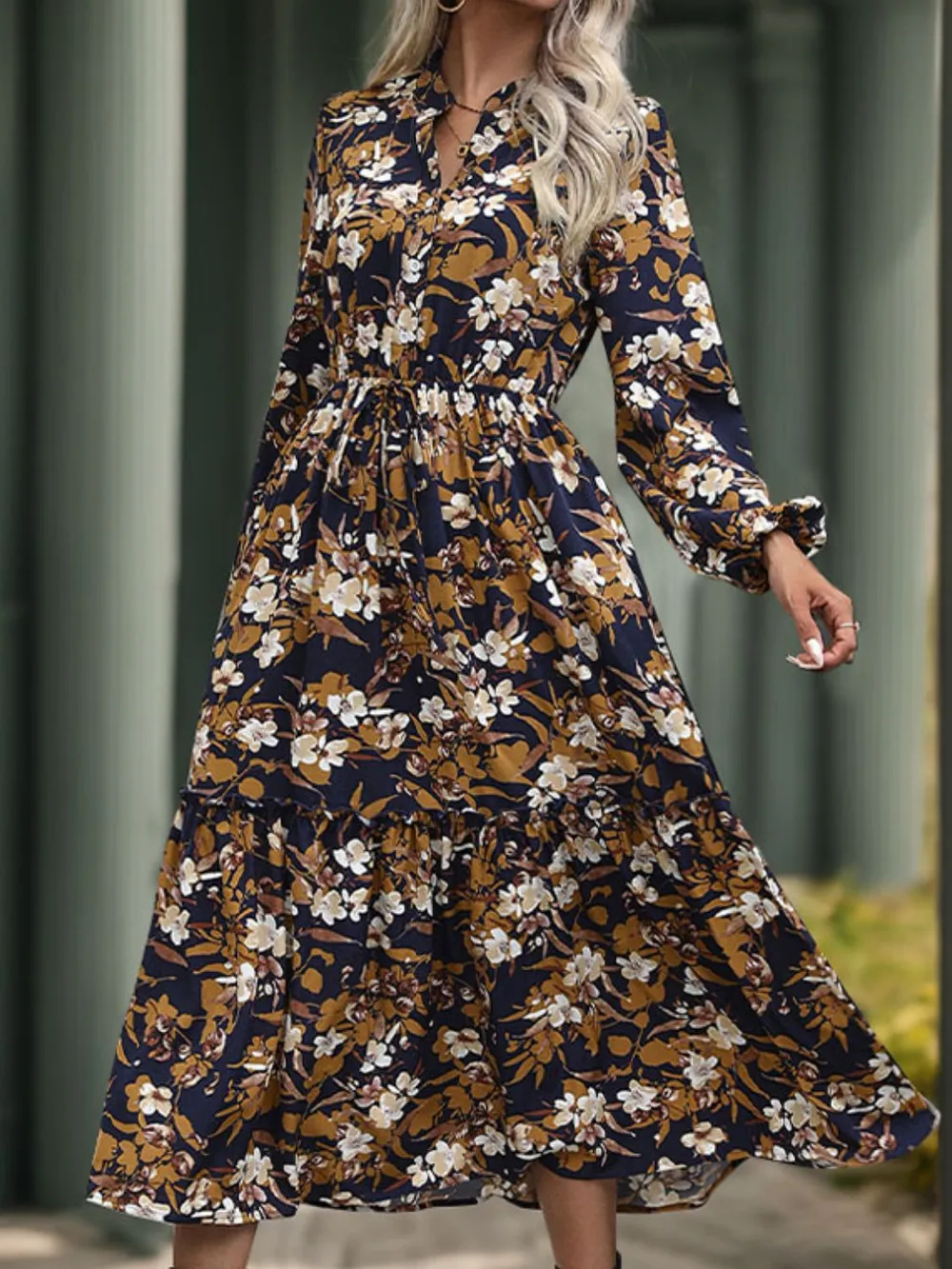 Printed Notched Long Sleeve Midi Dress, image 5
