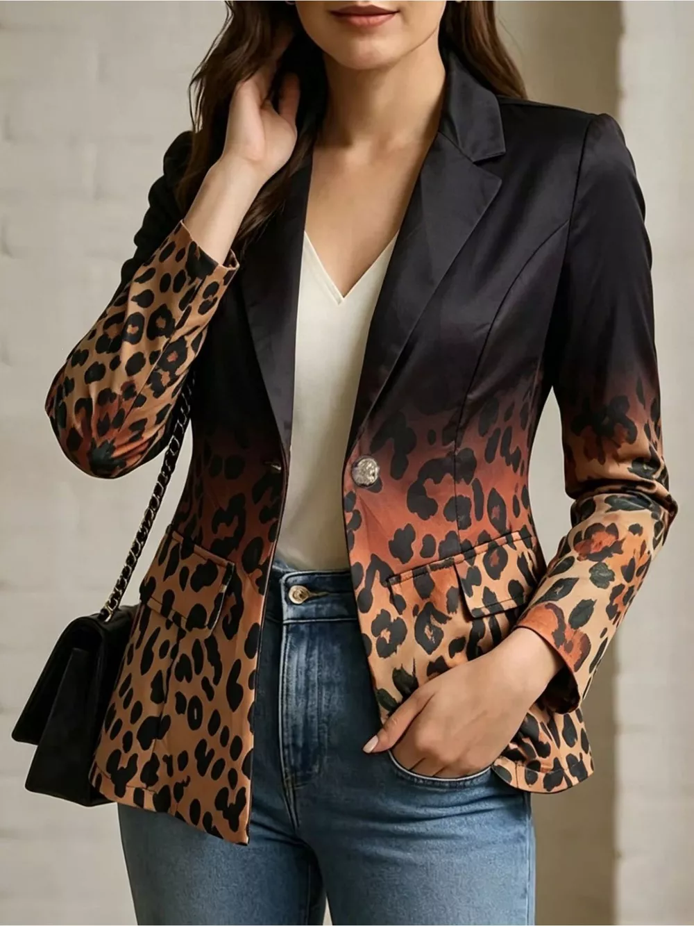 Leopard Print Contrast Long Sleeve Blazer, image 2