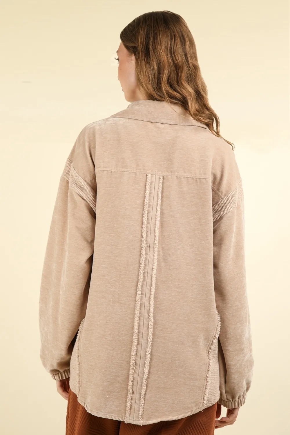 Mixed Media Button Down Raw Hem Shacket, image 4