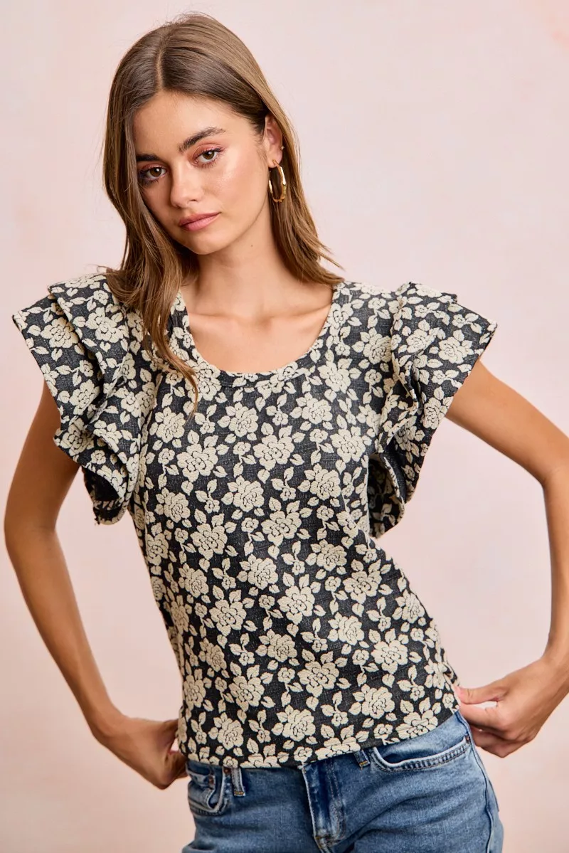 BiBi Floral Jacquard Ruffle Sleeves Knit Top, image 15