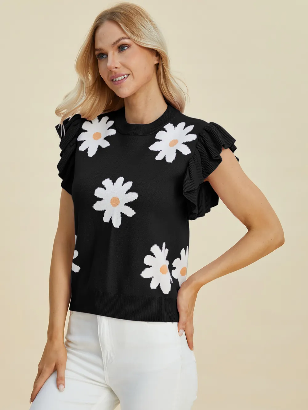 Full Size Ruffled Flower Round Neck Cap Sleeve Sweater, image 9