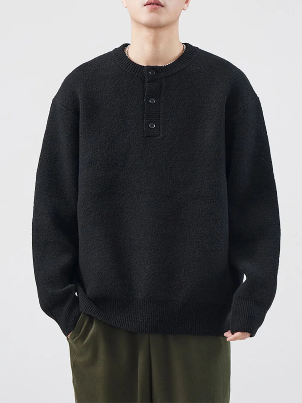 Men's Plus Size Button Detail Ribbed Hem Sweater, image 2