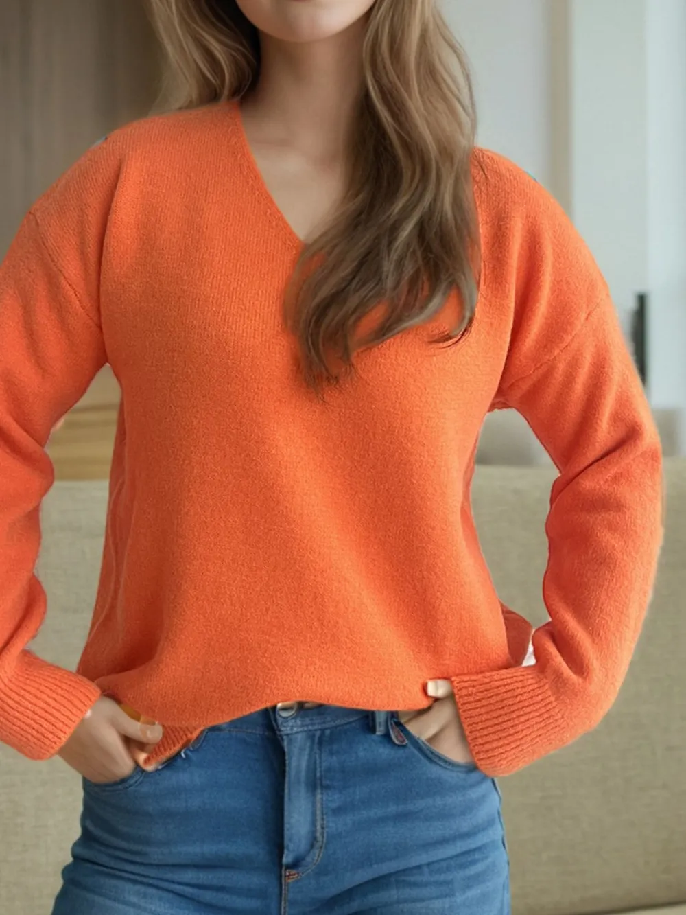V-Neck Dropped Shoulder Long Sleeve Sweater, image 16