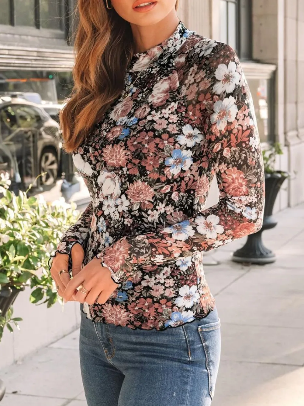 Floral Mock Neck Long Sleeve T-Shirt, image 4