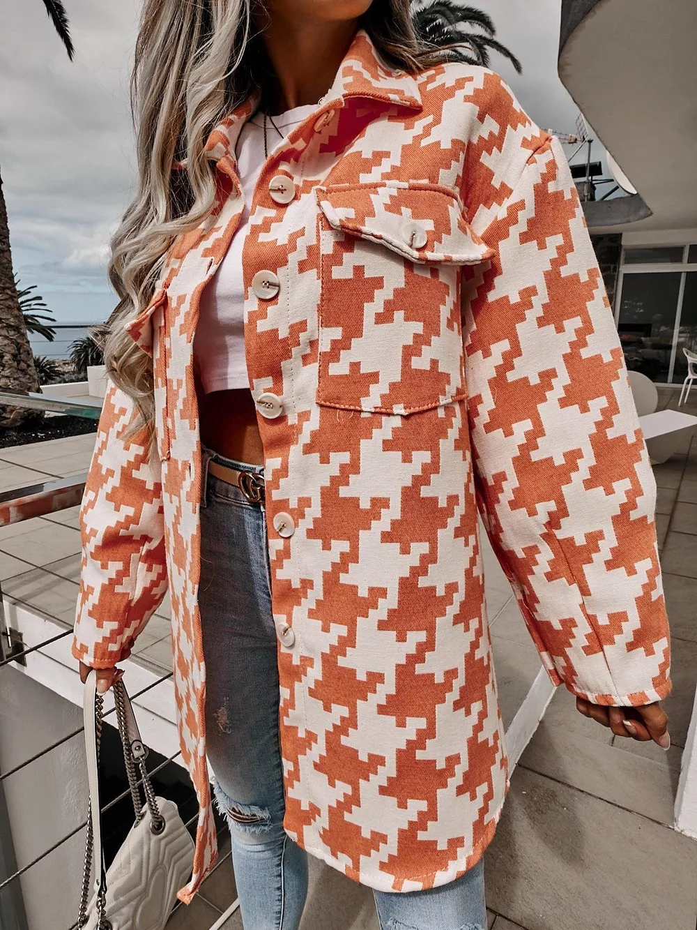 Houndstooth Button Up Long Sleeve Outerwear, image 12
