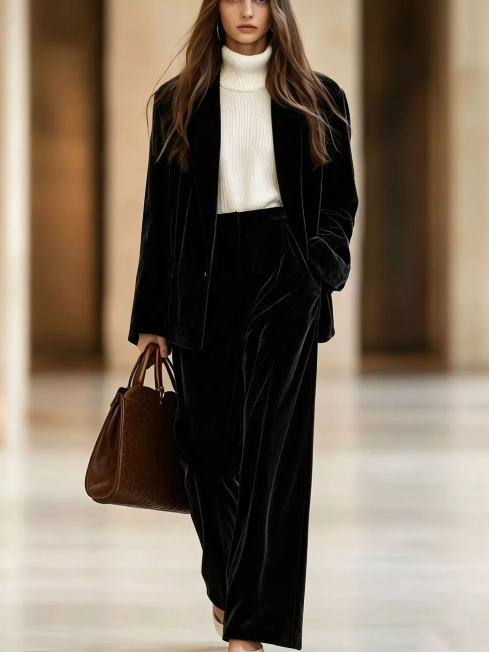 Velvet Blazer and Wide-Leg Pants Two-Piece Set