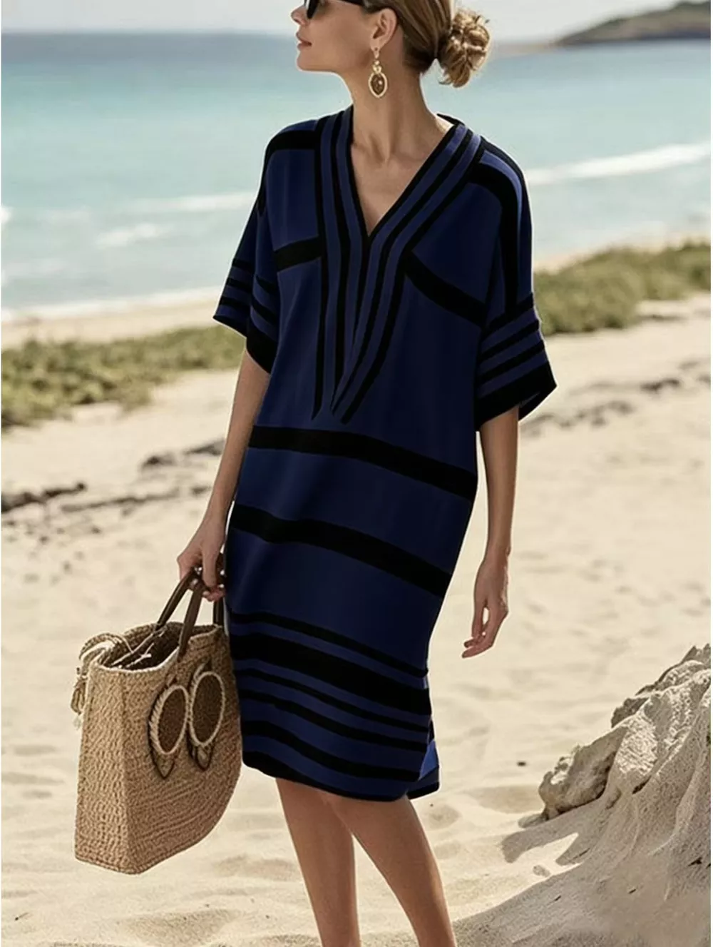 Full Size Striped Half Sleeve Midi Dress Plus Size, image 19