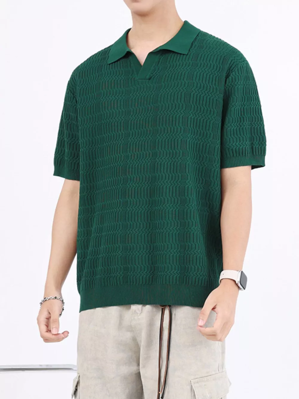 Men's Plus Size Textured Knit Short Sleeve Polo, image 8