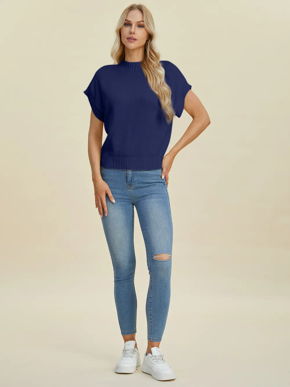 Full Size Mock Neck Short Sleeve Sweater, image 33