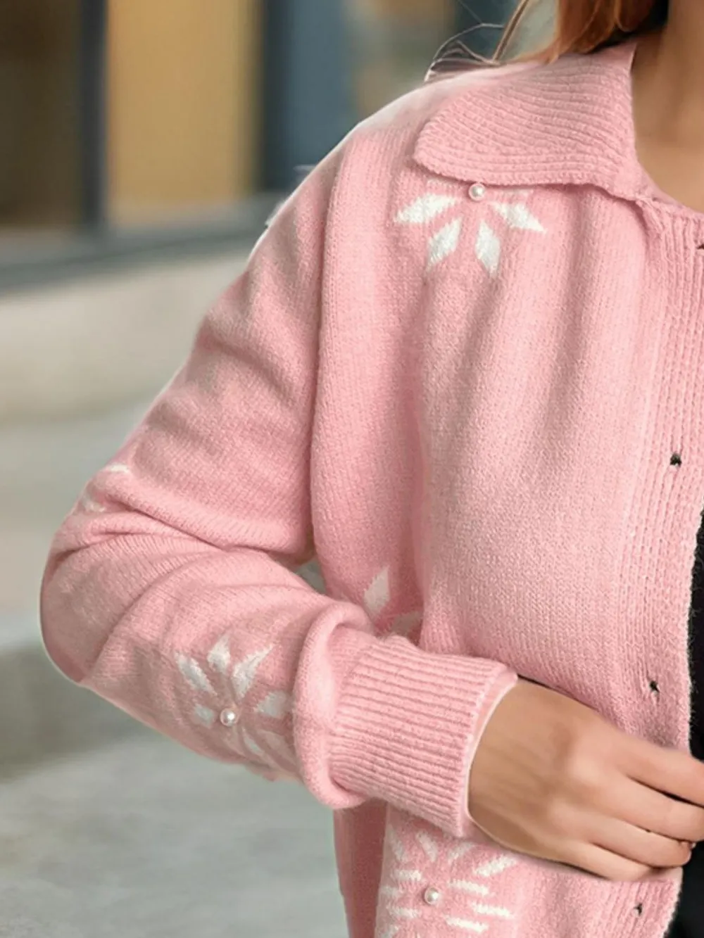 Pearl Trim Collared Neck Long Sleeve Cardigan, image 5
