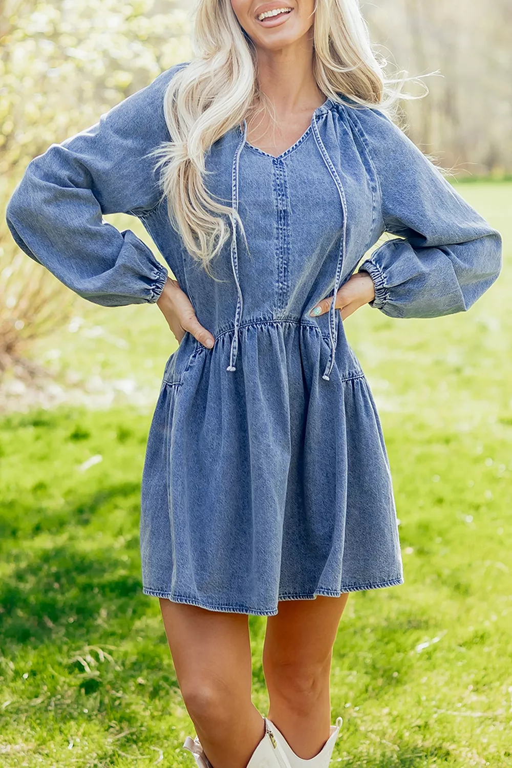 Puff Sleeve V Neck Ruffled Loose Denim Mini Dress, image 2