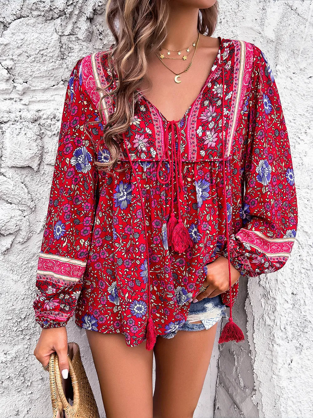 Printed Tie Neck Long Sleeve Blouse, image 11