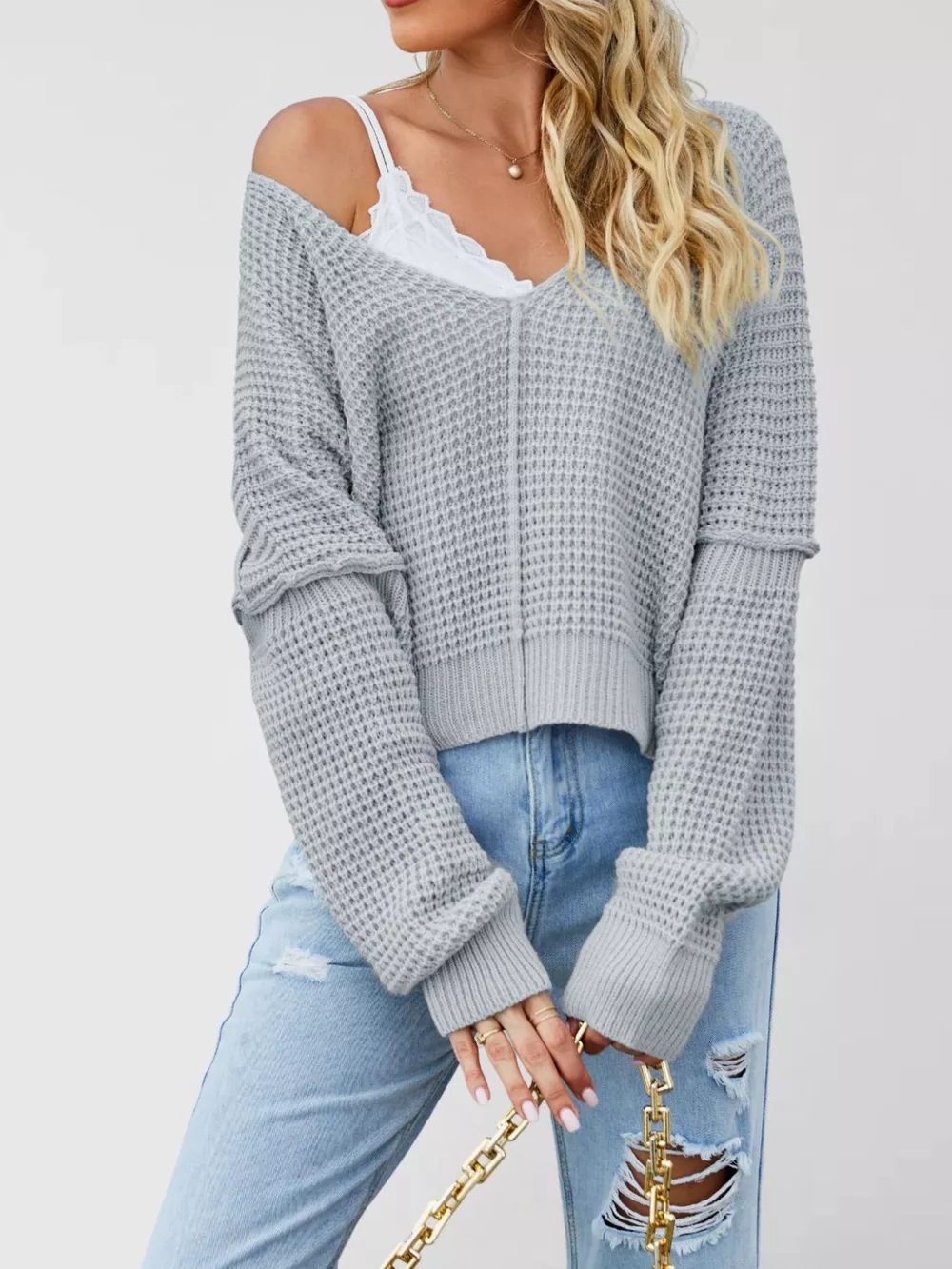 Waffle Knit Dropped Shoulder Sweater