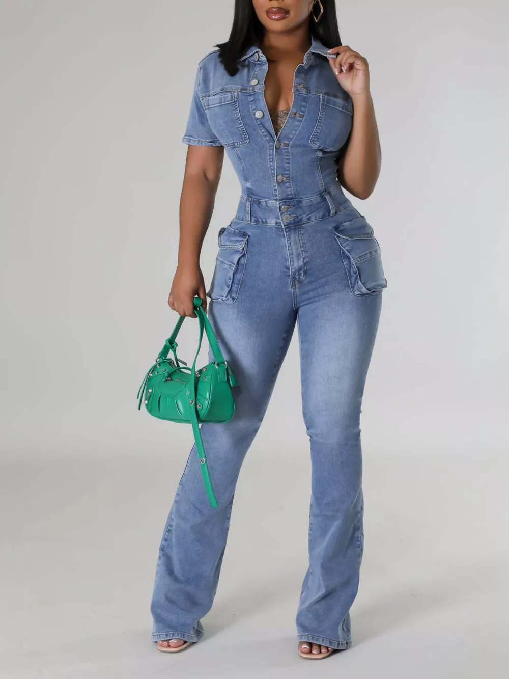 Slim-Fit Denim Jumpsuit with Utility Cargo Pockets and Flared Legs, image 3