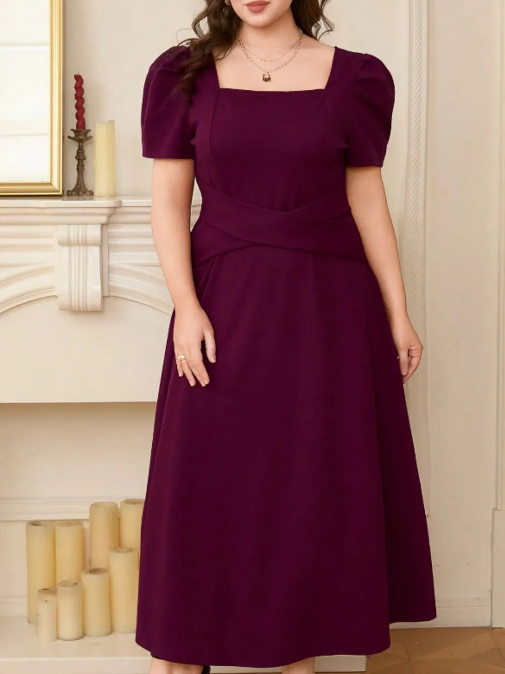 Plus Size Square Neck Puff Sleeve Midi Dress, image 2
