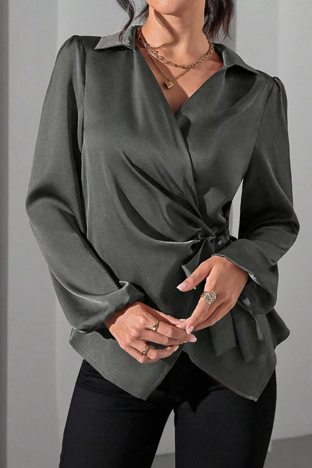 Satin Tied Detail Long Sleeve Blouse, image 8