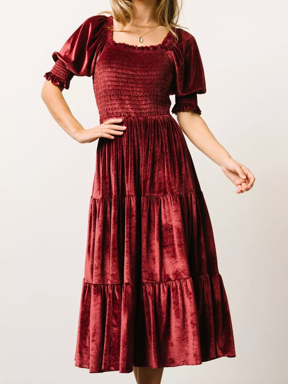 Velvet Smocked Tiered Midi Dress, image 13