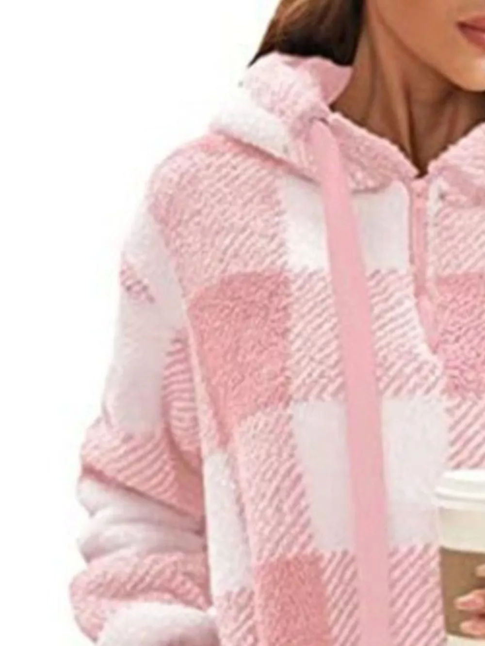 Full Size Plaid Sherpa Drawstring Hoodie Plus Size, image 17