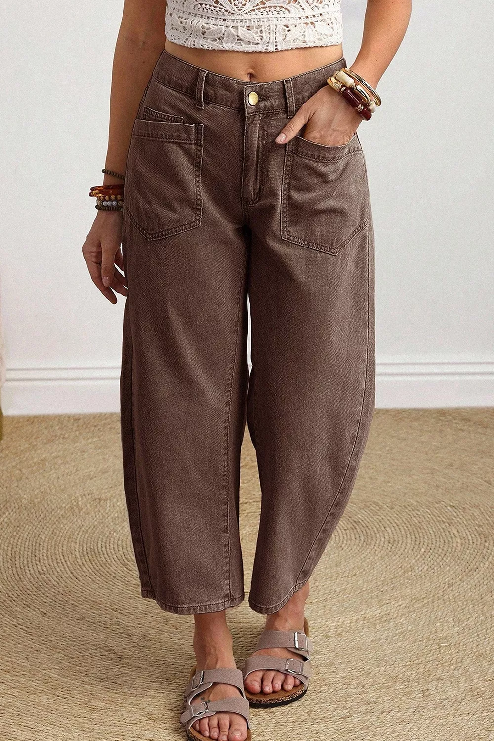 Solid Color Square Patch Pocket Ankle-length Barrel Jeans, image 4