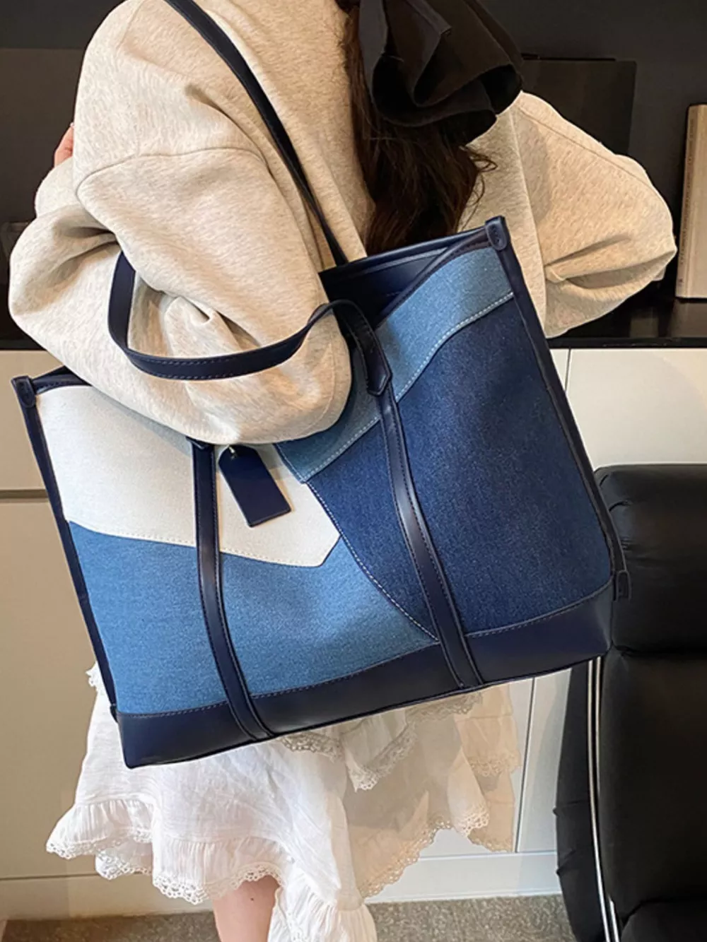 Color Block Denim Shoulder Bag, image 3