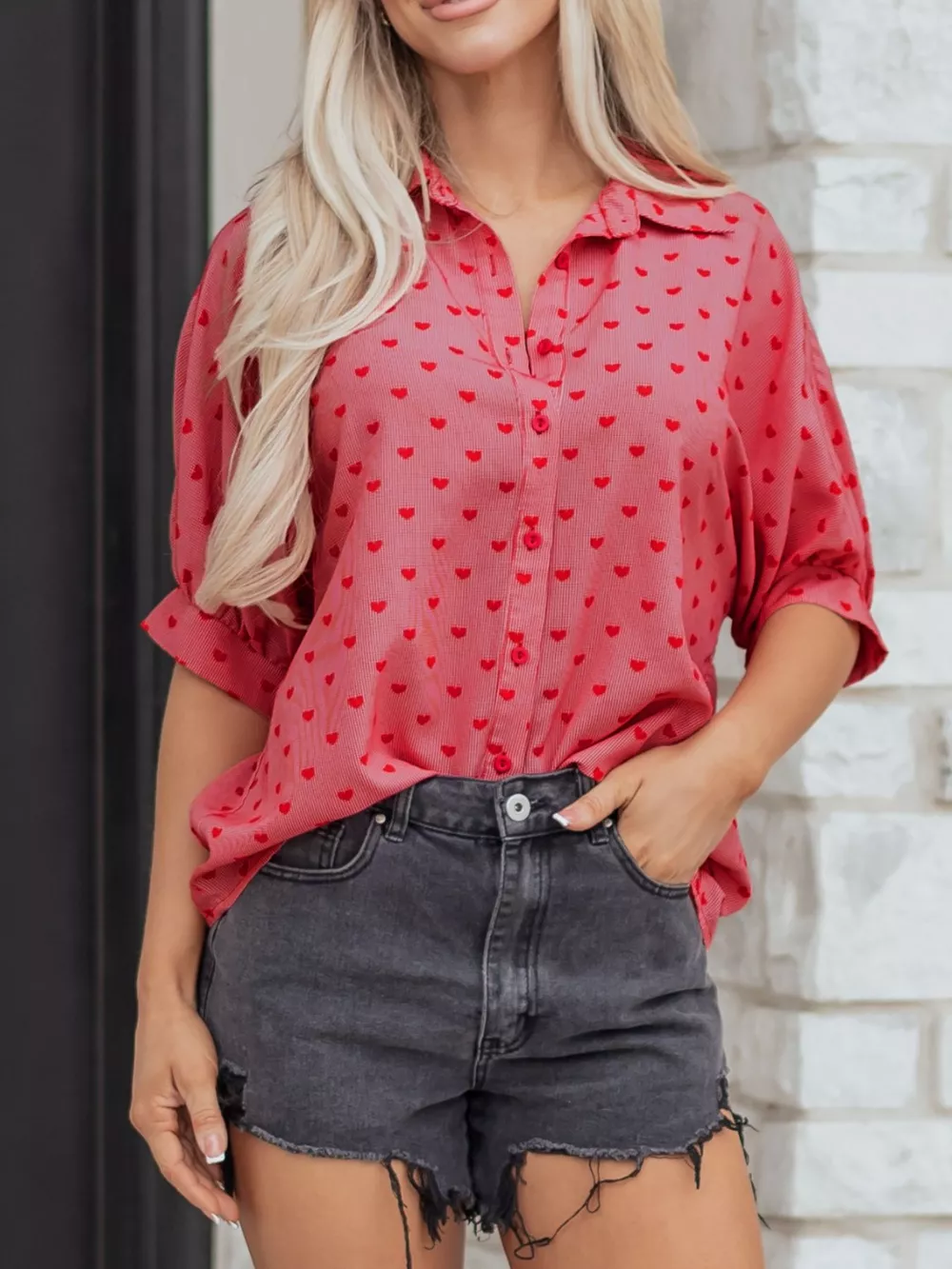 Heart Print Button-Down Shirt, image 6