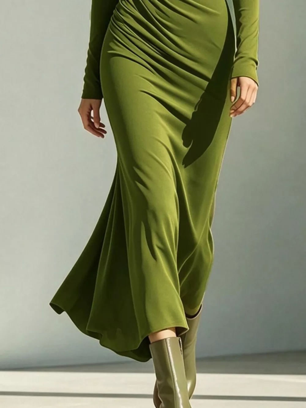 Asymmetrical Neck Ruched Long-Sleeve Dress, image 7