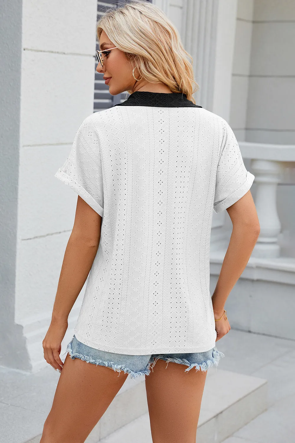 Eyelet Johnny Collar Short Sleeve T-Shirt, image 13