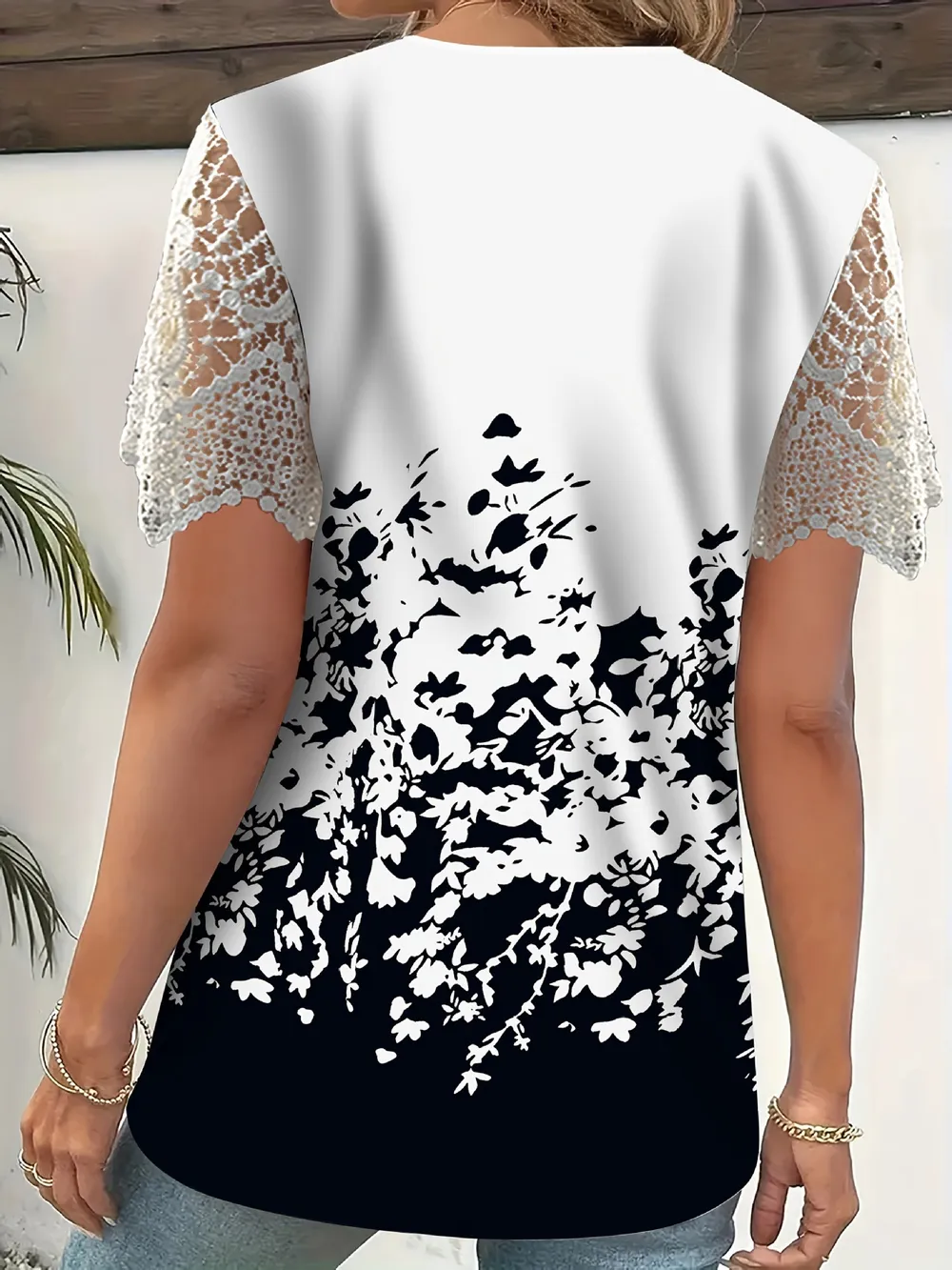 Full Size Printed Lace Sleeve V-Neck T-Shirt Plus Size, image 8