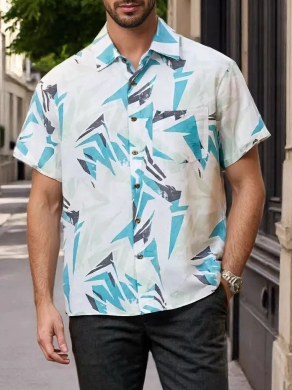 Men's Full Size Short Sleeve Geometric Print Casual Button-Down Shirt Plus Size