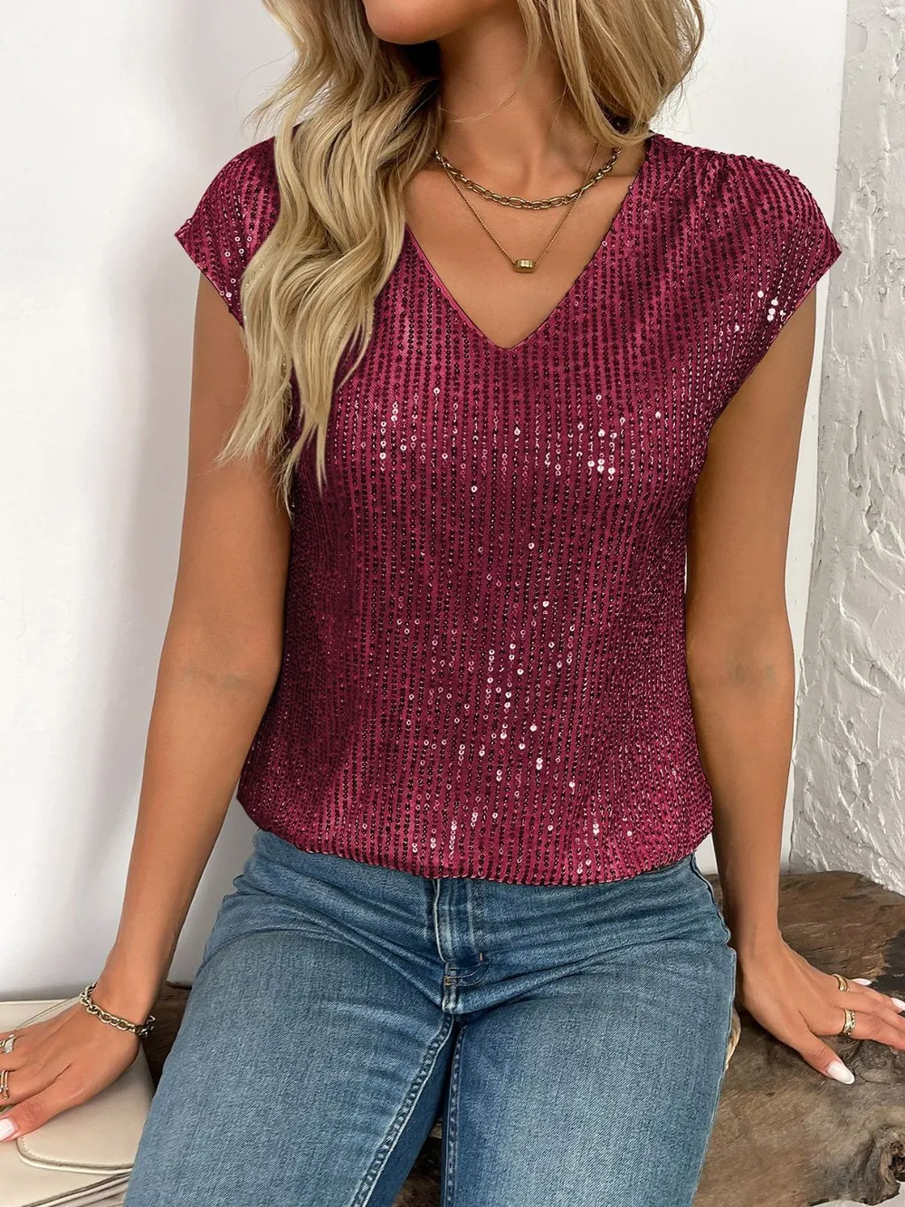 Sequin V-Neck Cap Sleeve Top, image 17