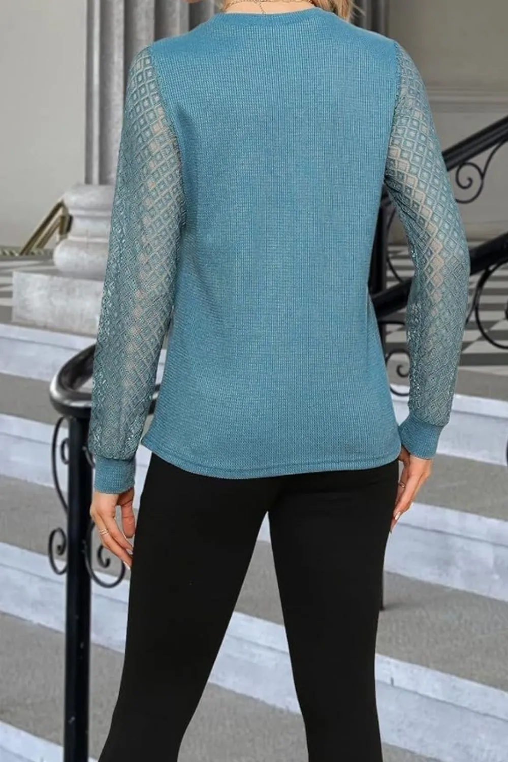 Waffle-Knit Round Neck Long Sleeve Blouse, image 9