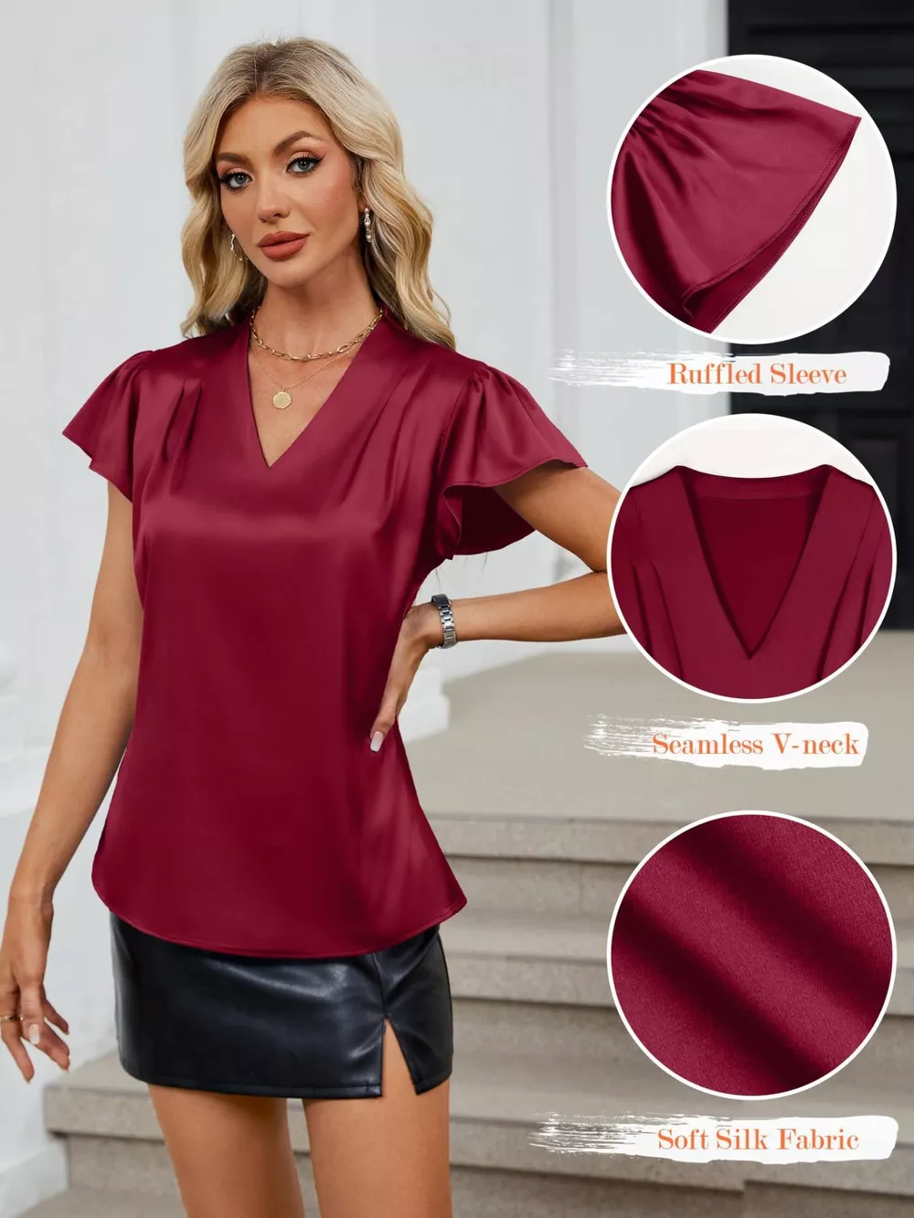 Satin V-Neck Flutter Sleeve Blouse, image 12