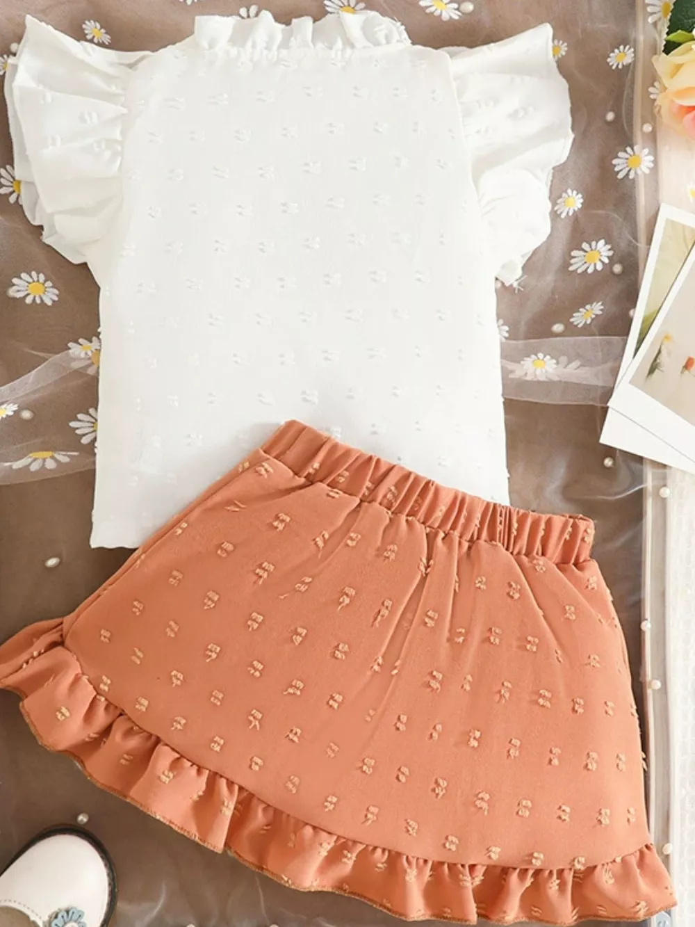Children's Ruffled Trim Bowknot Blouse & Ruffle Hem Skirt Set, image 2
