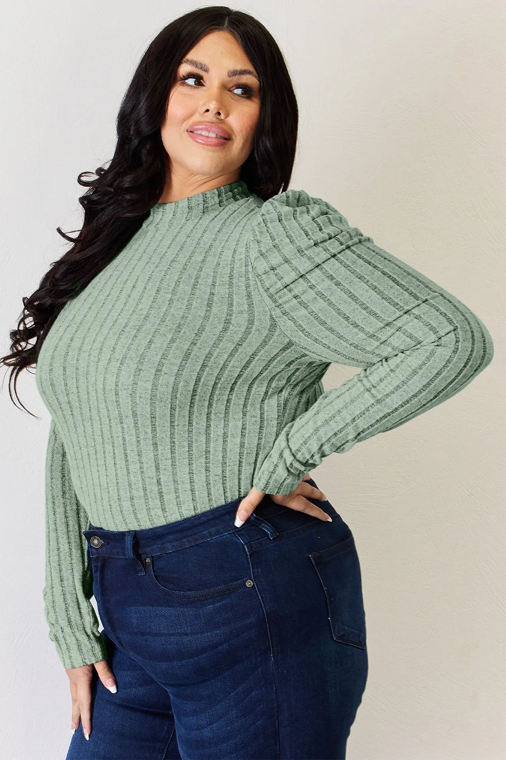 Full Size Ribbed Mock Neck Puff Sleeve T-Shirt, image 33