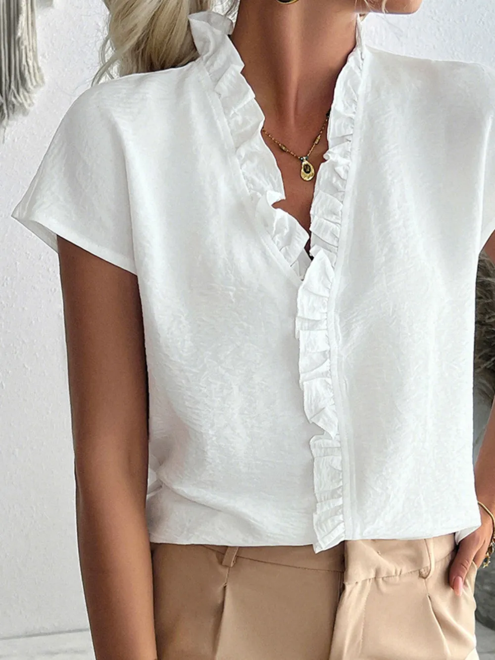 Ruffled V-Neck Short Sleeve Blouse, image 3