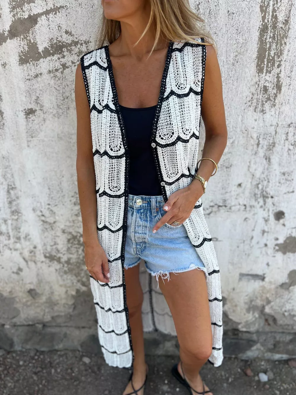 Sleeveless Crochet Longline Cardigan, image 6