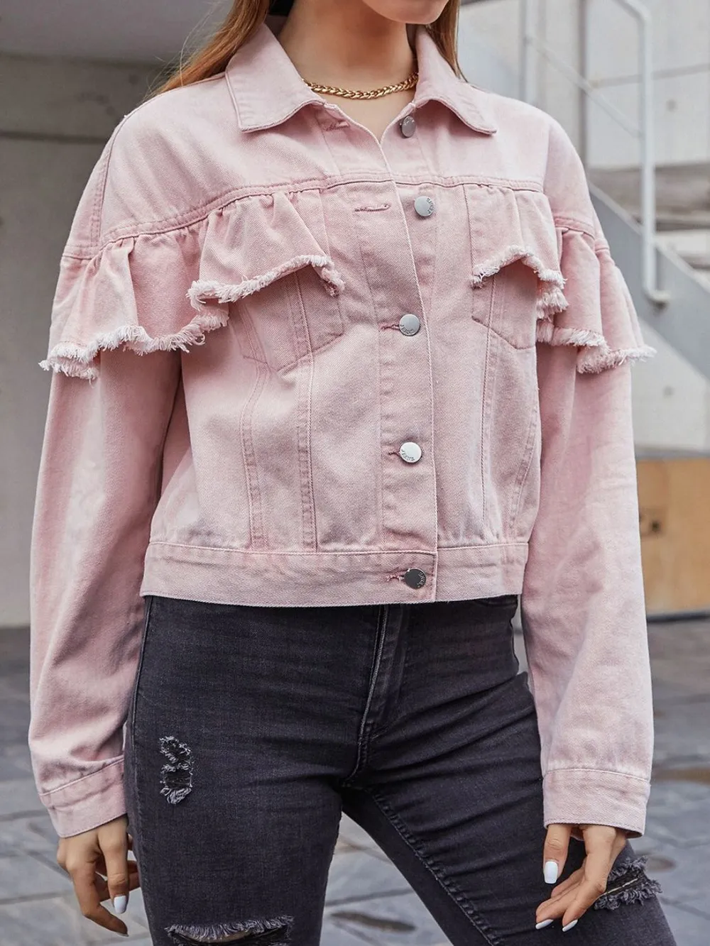 Ruffled Collared Neck Long Sleeve Denim Top, image 4