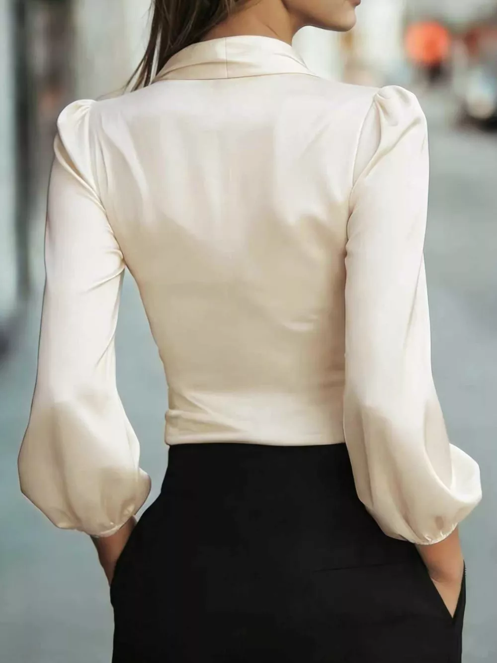 Elegant Satin Wrap Blouse with Bow Detail, image 4