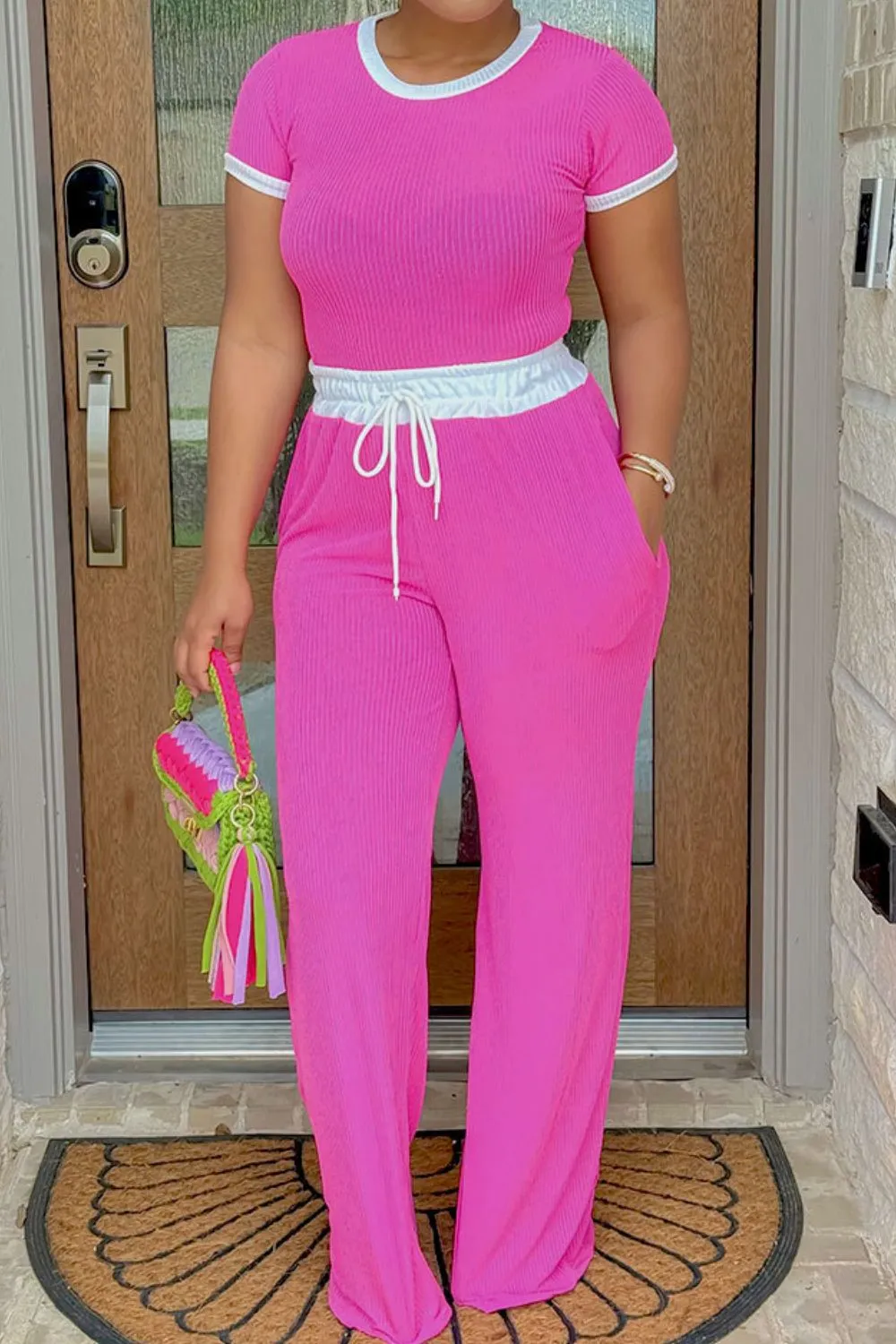 Contrast Trim Round Neck Top and Pants Set, image 16