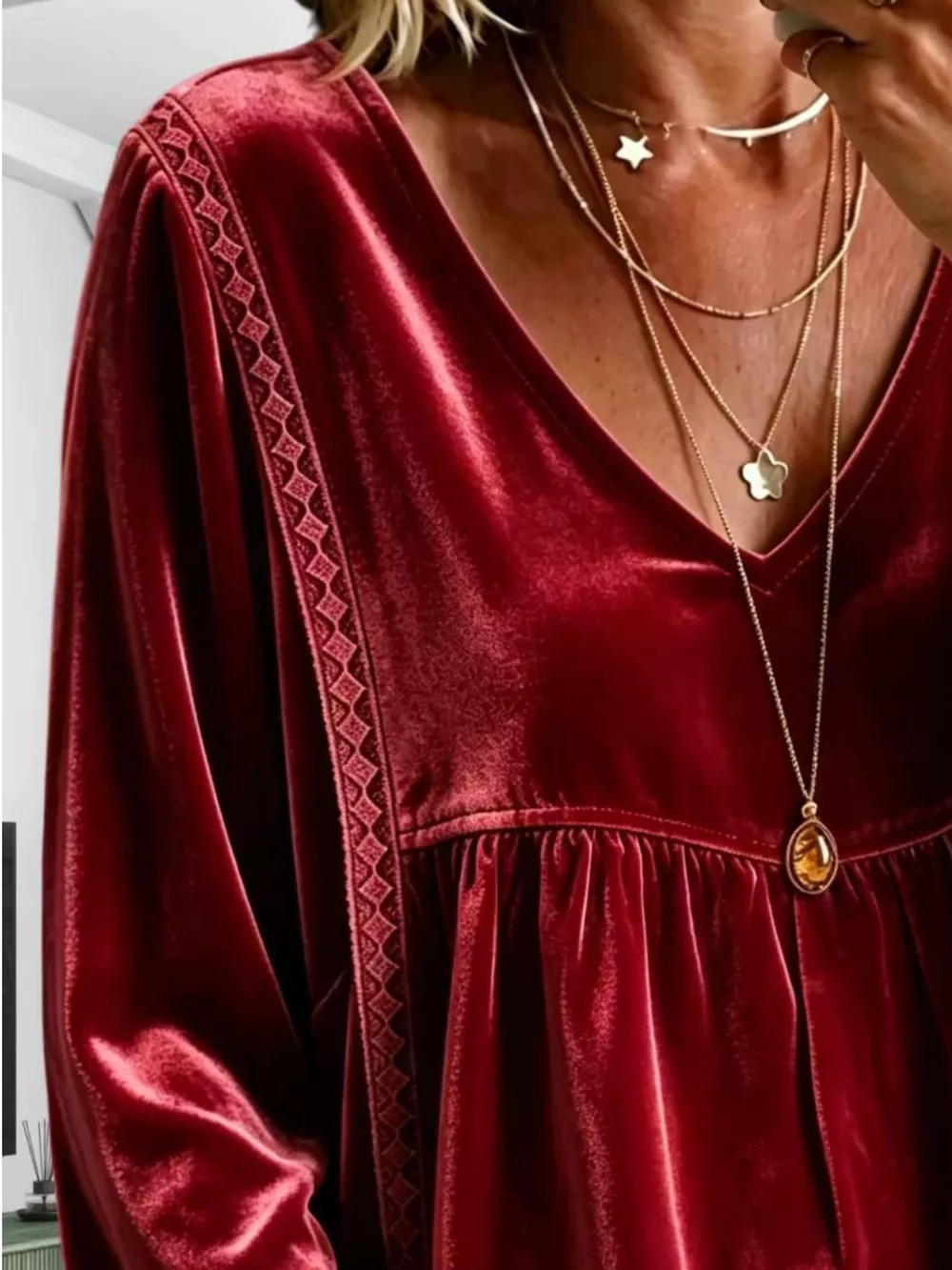 Full Size Velvet Lace Detail V-Neck Blouse Plus Size, image 18