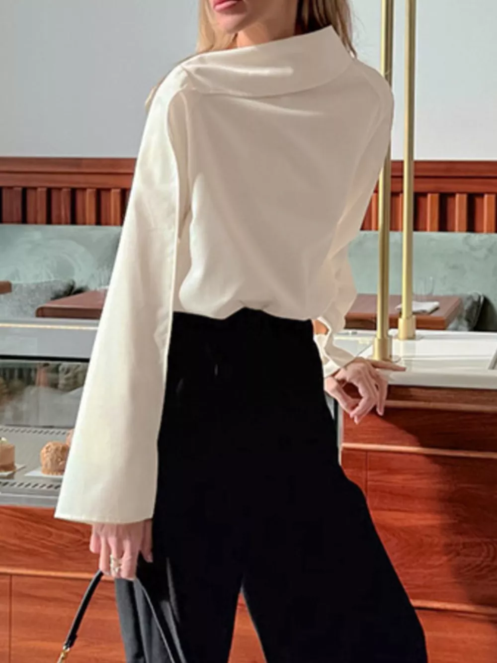 Asymmetrical High Collar Long Sleeve Blouse, image 9