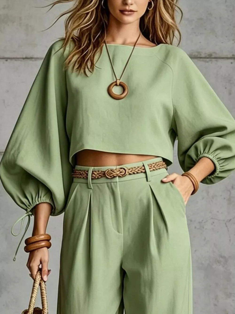 Balloon Sleeve Crop Top and Wide-Leg Pants Set, image 5