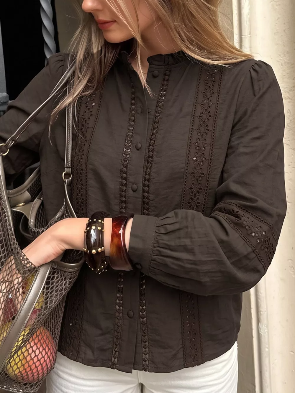 Eyelet Lace Trim Long Sleeve Blouse, image 2