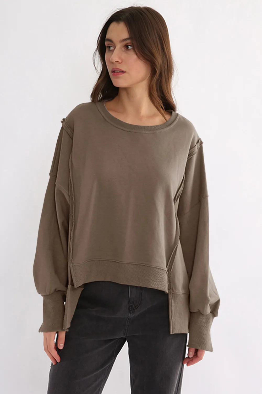 Exposed Seam High-Low Long Sleeve Sweatshirt, image 2