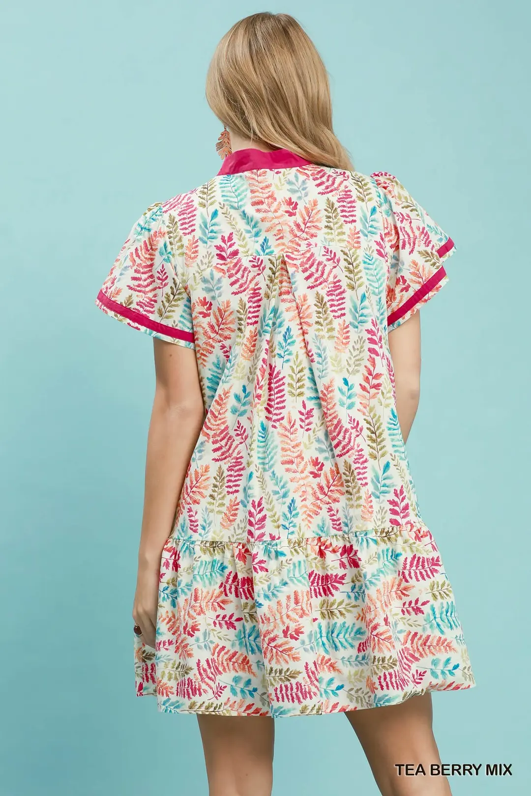 Leaf Print Flutter Sleeve Tiered Mini Dress, image 3