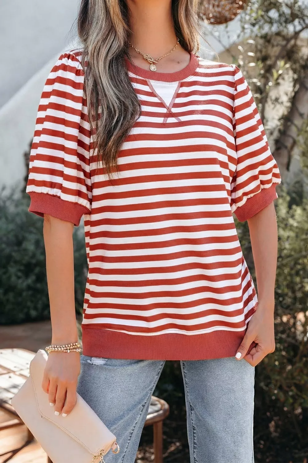 Striped Puff Sleeve Casual T-Shirt, image 2